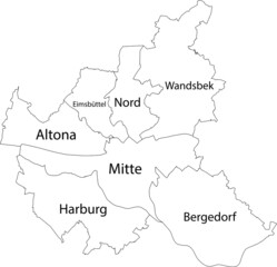 Simple white vector map with black borders and names of boroughs (bezirke) of the Free and Hanseatic City of Hamburg, Germany