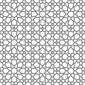 Seamless geometric ornament based on traditional islamic art. Black lines on white background.