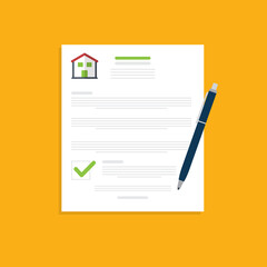 Home insurance document. Legal agreement. Contract or mortgage form with financial checklist. Approved loan. Success real estate deal. Vector