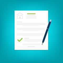 Home insurance document. Legal agreement. Contract or mortgage form with financial checklist. Approved loan. Success real estate deal. Vector