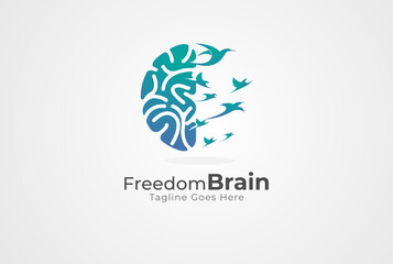 Brain Logo. brain and bird symbol of freedom combination.  flat design logo template. vector illustration