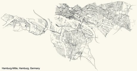 Black simple detailed street roads map on vintage beige background of the neighbourhood Hamburg-Mitte borough (bezirk) of the Free and Hanseatic City of Hamburg, Germany