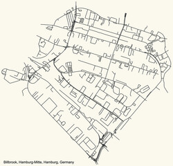 Black simple detailed street roads map on vintage beige background of the neighbourhood Billbrook quarter of the Hamburg-Mitte borough (bezirk) of the Free and Hanseatic City of Hamburg, Germany
