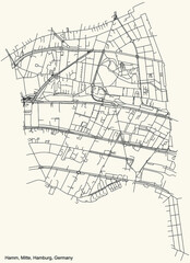 Black simple detailed street roads map on vintage beige background of the neighbourhood Hamm quarter of the Hamburg-Mitte borough (bezirk) of the Free and Hanseatic City of Hamburg, Germany