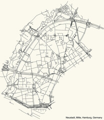Fototapeta na wymiar Black simple detailed street roads map on vintage beige background of the neighbourhood Neustadt quarter of the Hamburg-Mitte borough (bezirk) of the Free and Hanseatic City of Hamburg, Germany
