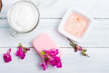 skin care products on white wood