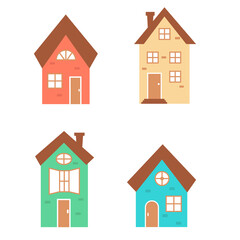 Set of cute colored houses. Vector illustration on isolated white background.