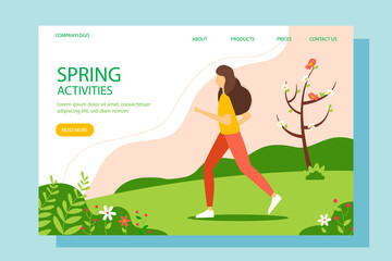 Woman running in the park in the morning. Landing page template. Conceptual illustration of outdoor recreation, active pastime. Spring vector illustration in flat style.