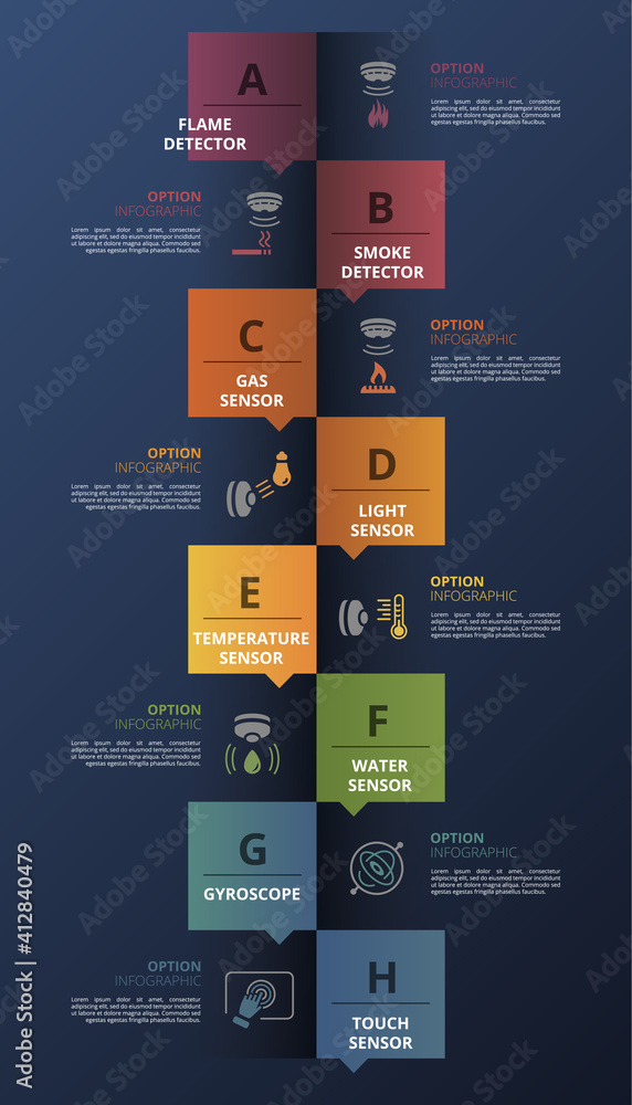 Poster infographic sensor template. icons in different colors. include water quality sensor, flame detector