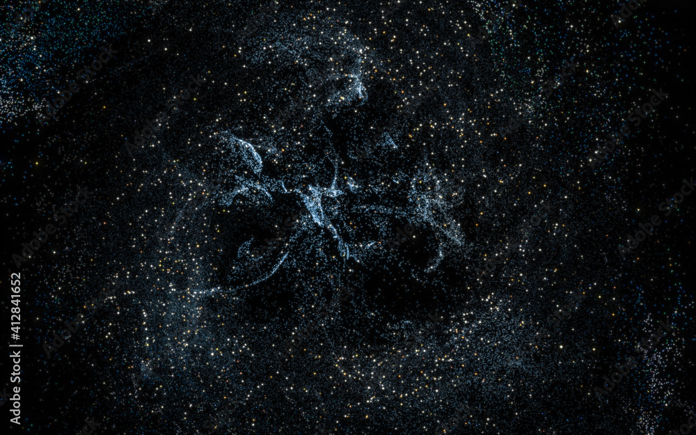 Poster glowing particles with wavy pattern, magical galaxy, 3d rendering.