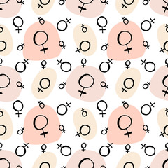 Seamless pattern with doodle style black ink planet venus sign and geometric shapes in pink neutral colors. On white background. Stock vector illustration. © akini