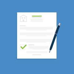 Home insurance document. Legal agreement. Contract or mortgage form with financial checklist. Approved loan. Success real estate deal. 