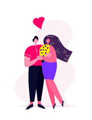 Loving Couple of Man and Woman Holding Hands Hugging. Happy Lover Relationship Anniversary Dating, Lifestyle.Valentine's Day.Romantic Connection Feelings Emotions Romance Love.Flat Vector Illustration