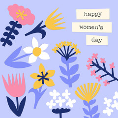 Fototapeta na wymiar Happy Women's Day greeting card. Cute paper crafted abstract flowers in colorful spring poster. Floral banner for 8 March mother's holiday or party invitation template design.
