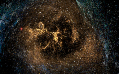 Glowing particles with wavy pattern, magical galaxy, 3d rendering.