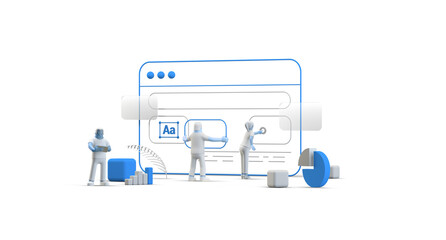 Web Browser UI UX Design Teamwork concept 3D illustration. Team People Building Creating website User interface Front view