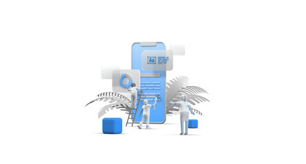 Mobile Phone Smartphone Web UI UX app Design Teamwork concept 3D illustration. Team People Building Creating Application User interface Front view