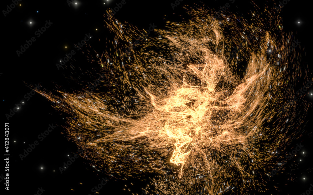 Poster glowing particles with wavy pattern, magical galaxy, 3d rendering.