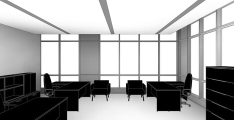 3d illustration perspective of an office room for three people. Black colored decoration with ambient shadows on the walls.
