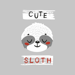 Cute Sloth Face. Funny Sloth Head for Tee Print Design for Kids. Vector Cartoon Baby Animal. Scandinavian Card, Print or Poster Design
