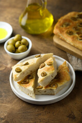 Traditional homemade focaccia bread with olives