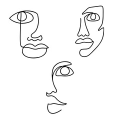 Continuous line drawing set. Abstract woman portrait. One line face art vector illustration. Female linear contour isolated on white.