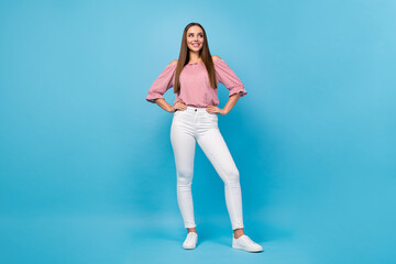 Fototapeta na wymiar Full length body size view of gorgeous cheerful straight-haired girl posing isolated over bright blue color background