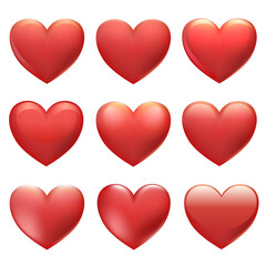 Beautiful red hearts set with glittering effects for Valentine's day, love greeting cards, stickers. Realistic 3d hearts collection with different gradient isolated on white background. JPG image