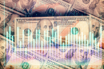 Multi exposure of forex chart drawing over us dollars bill background. Concept of financial success markets.