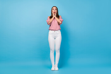 Fototapeta na wymiar Full length body size view of attractive amazed girl stunning news reaction isolated over bright blue color background