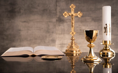 Catholic symbols composition. Religion concept. The Cross, monstrance,  Holy Bible and golden...