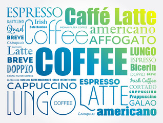 List of coffee drinks words cloud collage, poster background