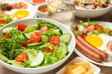 Different delicious dishes on table, closeup. Buffet service