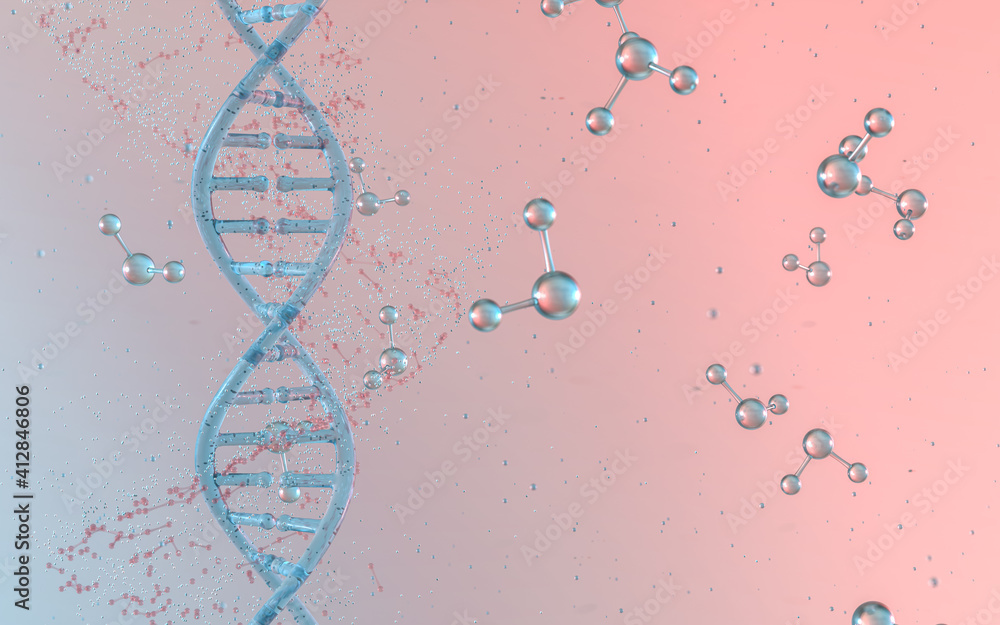 Poster dna genomes structure with division molecule, 3d rendering.