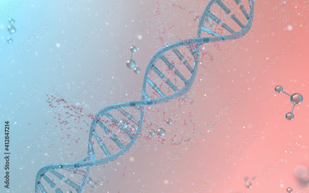 Poster dna genomes structure with division molecule, 3d rendering.