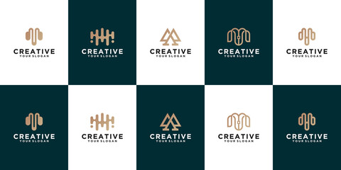 set of Letter M line logo design. Linear creative minimal monochrome monogram symbol. Universal elegant vector sign design. Premium business logotype.alphabet symbol for corporate business identity