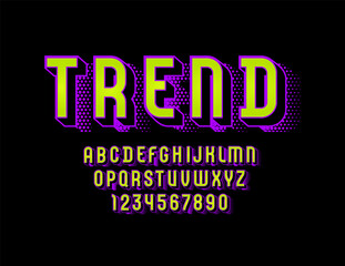 3d bright font, trendy graphic alphabet, modern letters and numbers with halftone effect, vector illustration 10EPS