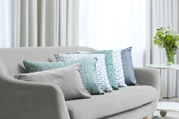 Sofa with pillows in modern living room interior
