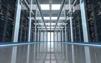 Server racks in computer network security server room data center, 3d rendering.