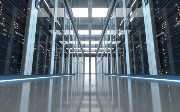 Server racks in computer network security server room data center, 3d rendering.