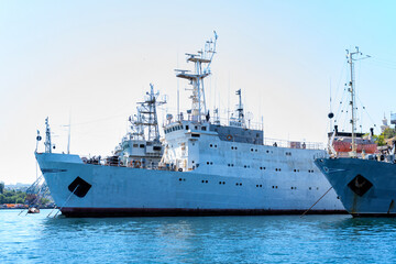 Fototapeta premium Black Sea Fleet of Crimea, Russia, hot summer waves and blue sky. Horizontal orientation