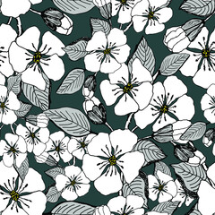 Hand drawn flowering branches on a dark blue background. Vector seamless pattern. Design for wrapping, cloth, paper, print.