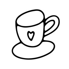 Doodle coffee cup. Cute hot beverage isolated on white background. Outline tea, latte, cappuccino, americano mug with heart, saucer. Vector hygge illustration for the coffee shop, cafe, kitchen print