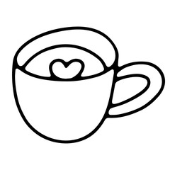 Doodle coffee cup. Cute hot beverage isolated on white background. Outline tea, latte, cappuccino, americano mug with heart foam. Vector hygge illustration for the coffee shop, cafe, kitchen print