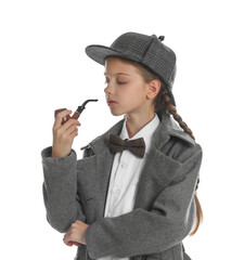 Cute little detective with smoking pipe on white background