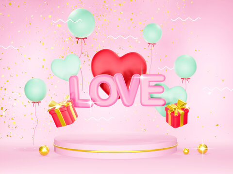 Happy Valentine's Day background, love word text, gift box, glitter gold confetti. Holiday banner, poster - 3D render