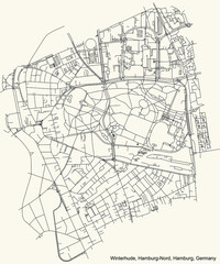 Black simple detailed street roads map on vintage beige background of the neighbourhood Winterhude quarter of the Hamburg-Nord borough (bezirk) of the Free and Hanseatic City of Hamburg, Germany