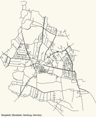 Obraz premium Black simple detailed street roads map on vintage beige background of the neighbourhood Bergstedt quarter of the Wandsbek borough (bezirk) of the Free and Hanseatic City of Hamburg, Germany