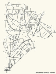 Fototapeta na wymiar Black simple detailed street roads map on vintage beige background of the neighbourhood Altona-Nord quarter of the Altona borough (bezirk) of the Free and Hanseatic City of Hamburg, Germany