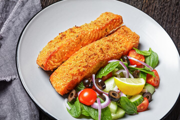 Panko crusted baked salmon fillets, veggies salad